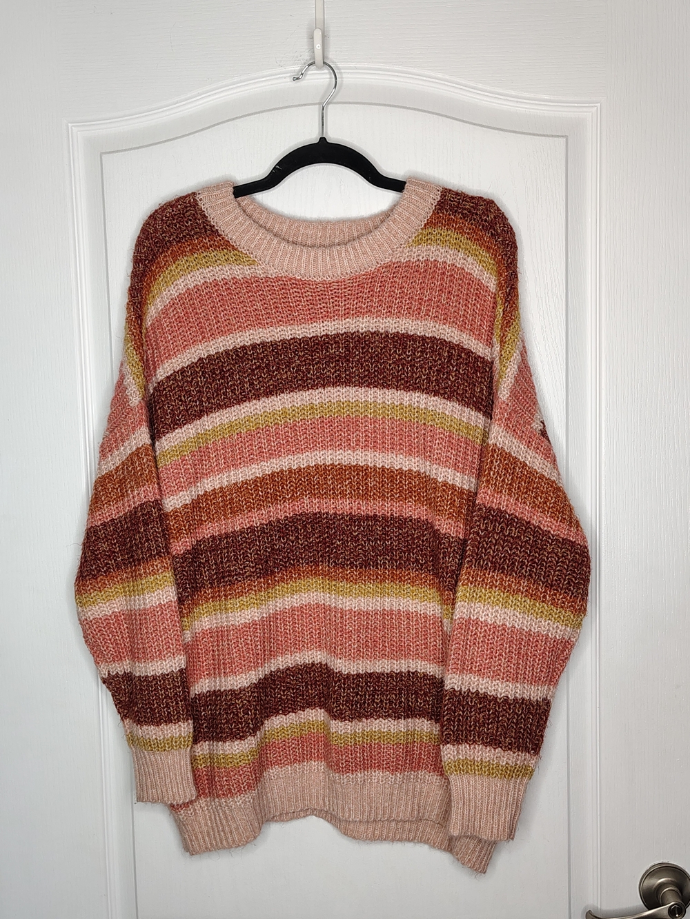 SO Striped Crewneck Sweater in Pink, Brown, Cream & Yellow